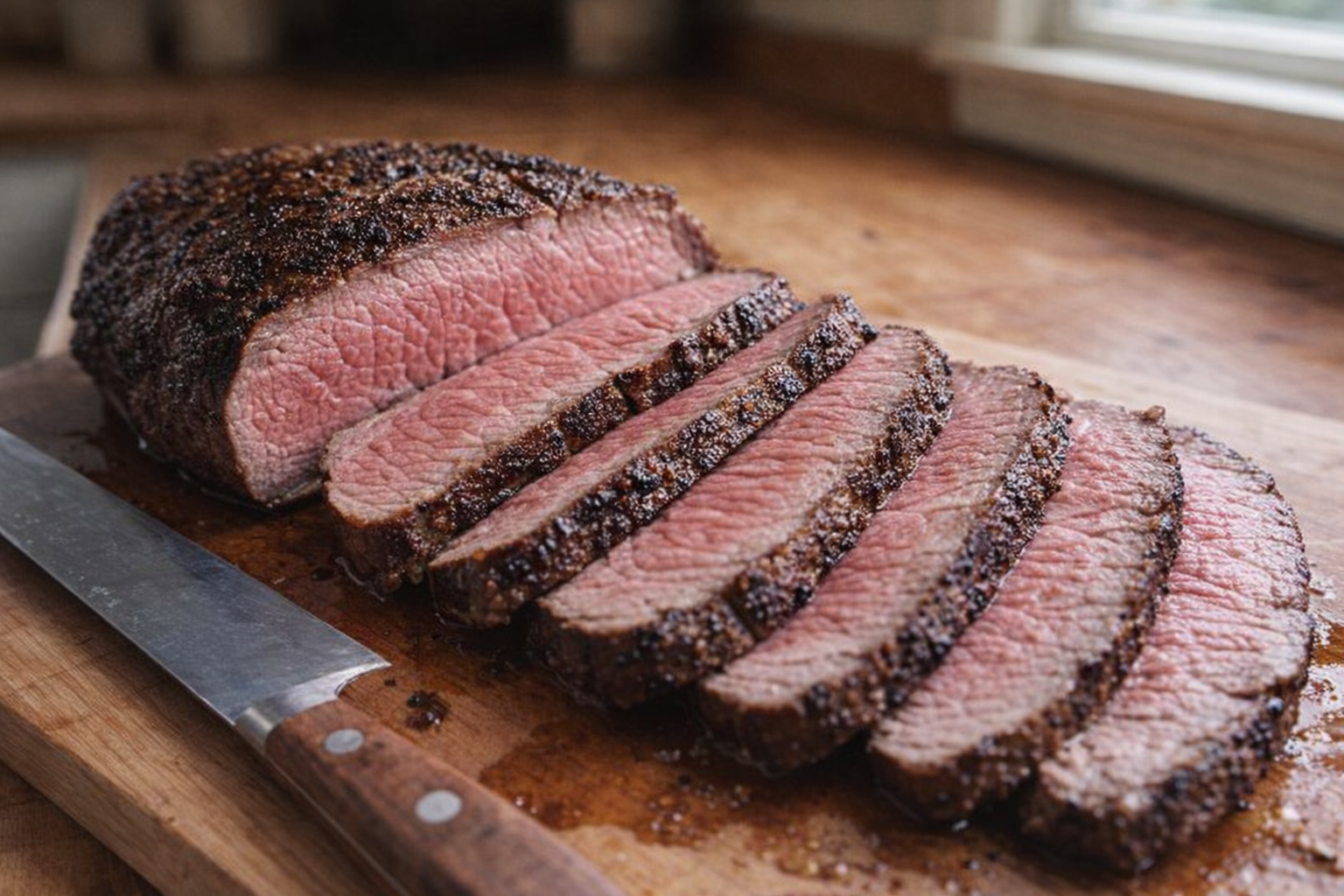 A perfectly cooked London broil steak, sliced against the grain, showcasing a rosy pink interior and a flavorful seared crust, resting on a wooden cutting board with a carving knife beside it, warm natural light